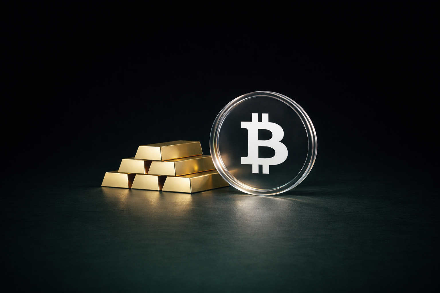 Bitcoin-Symbol vor Goldbarren